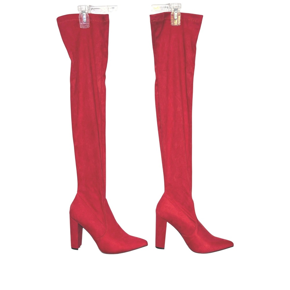 Red Over Knee Thigh High Pull On Boots 24" Shaft Faux Suede Block Heel 8.5 Sexy‎